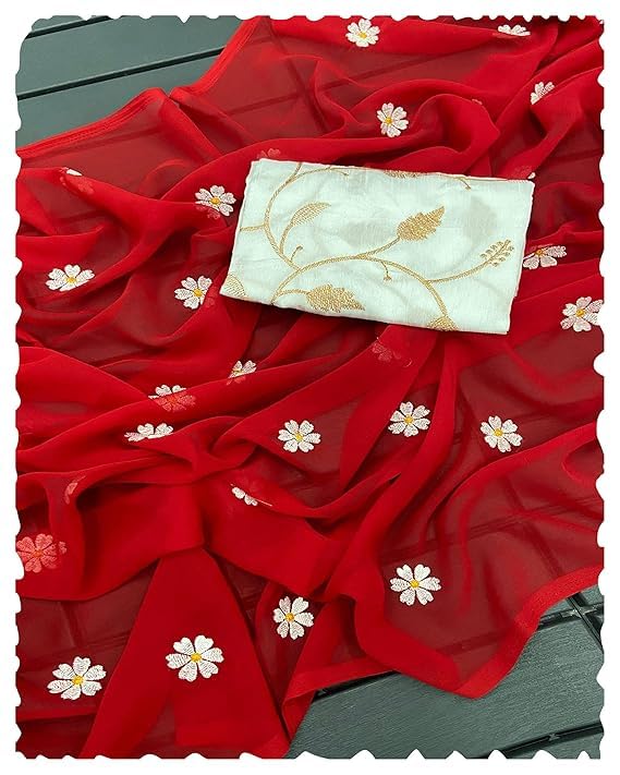 Red Georgette Embroidered Saree - Red
