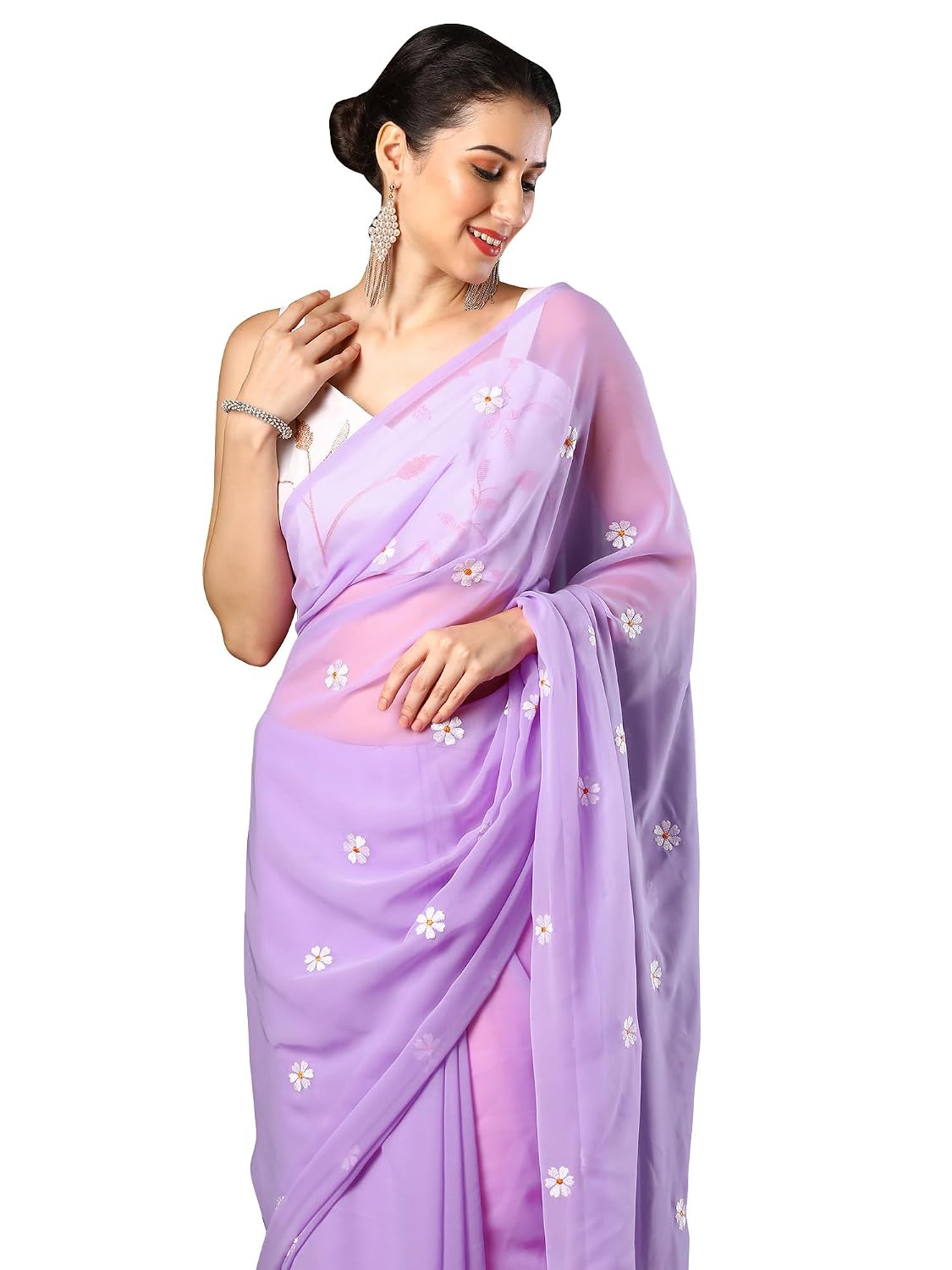 Red Georgette Embroidered Saree - Lavendar