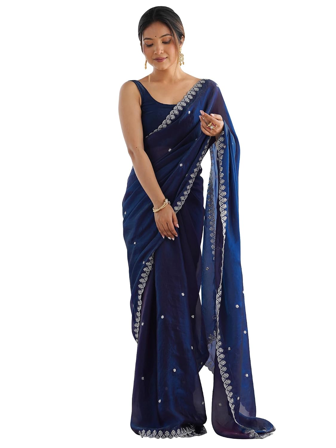Copper Tissue Floral Saree - Navy Blue