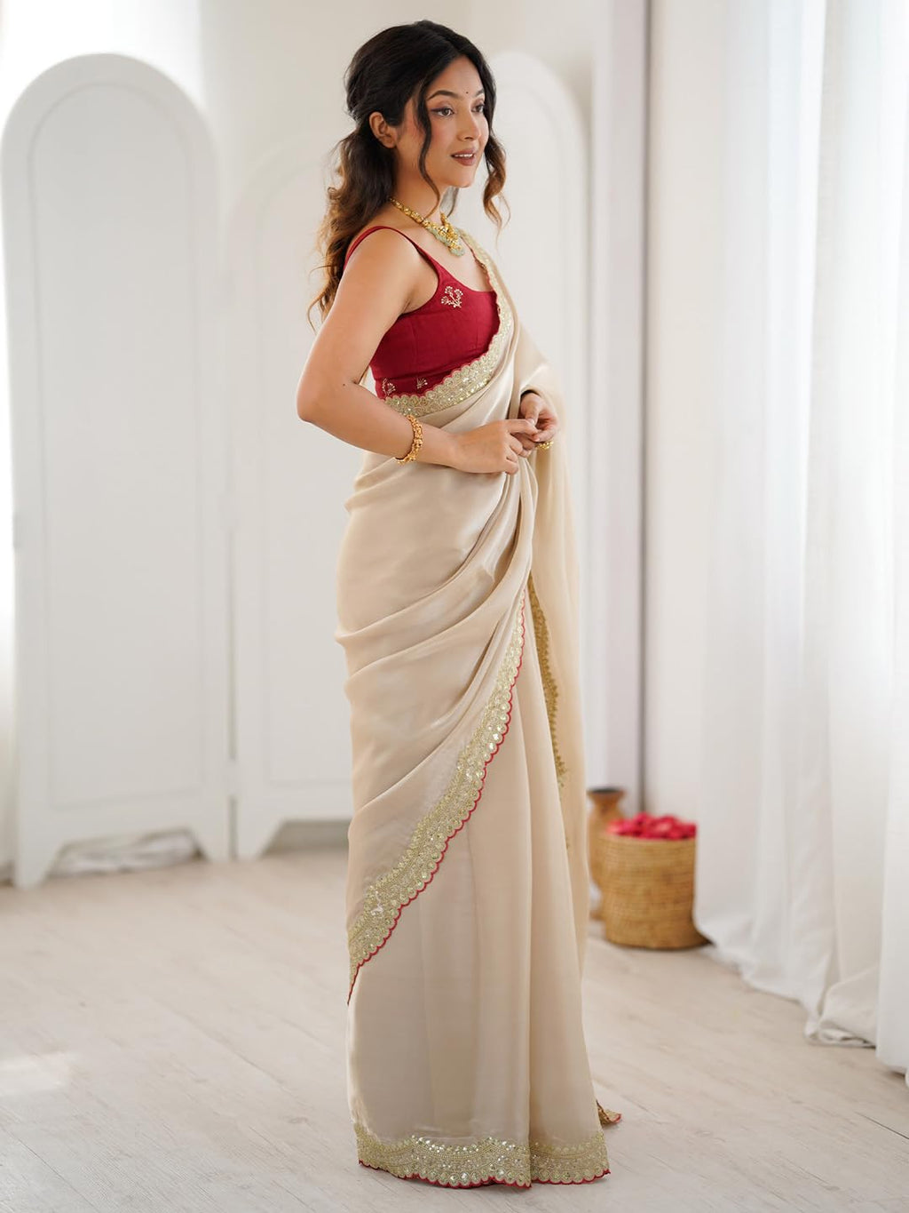 Beige Satin Floral Saree