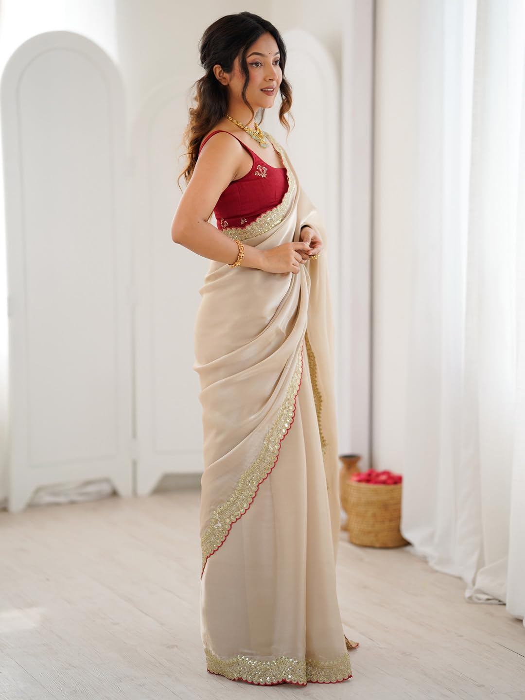 Beige Satin Floral Saree