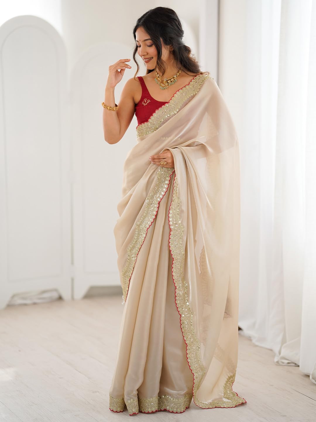 Beige Satin Floral Saree