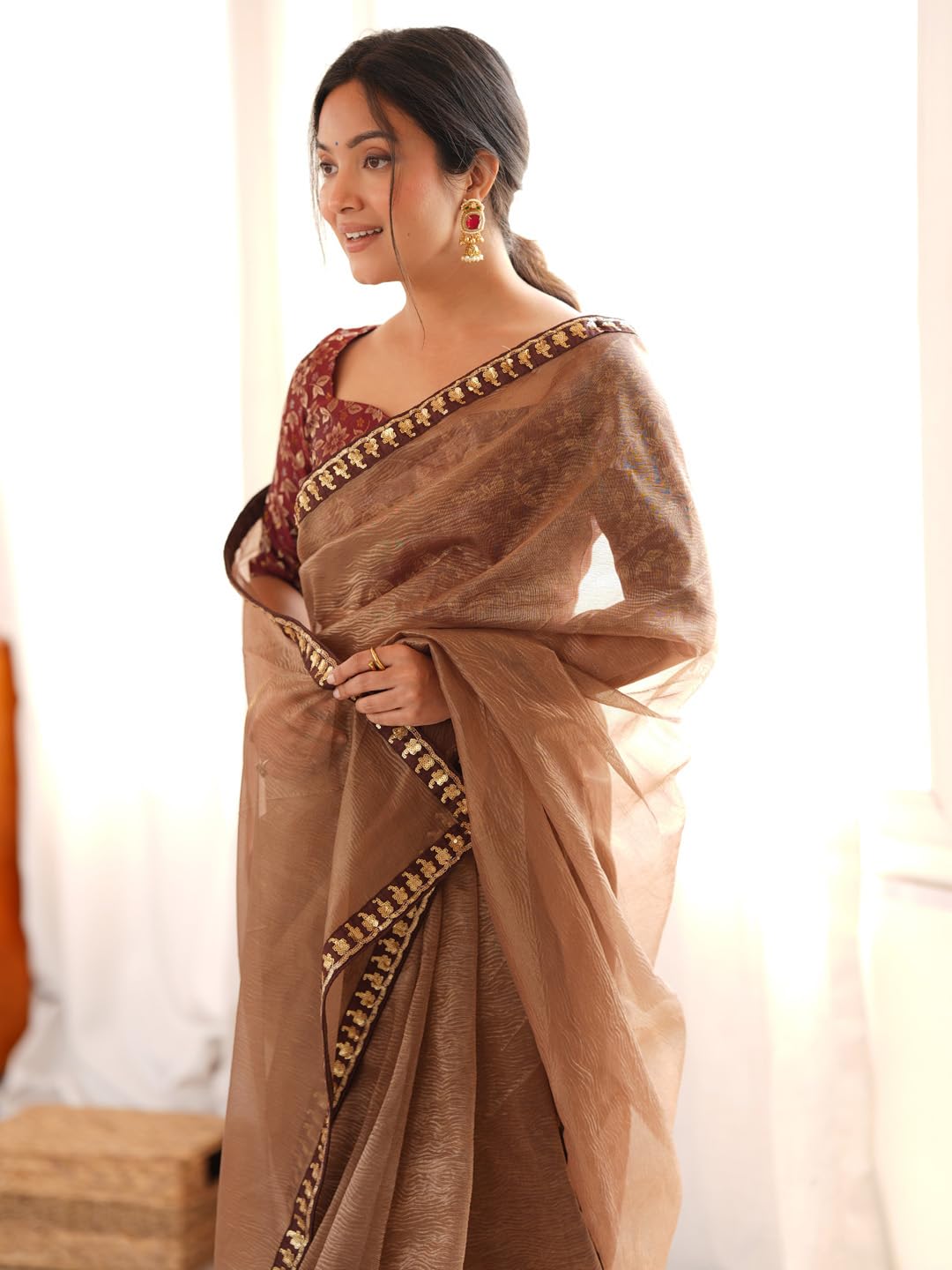 Copper Silk Checkered Saree
