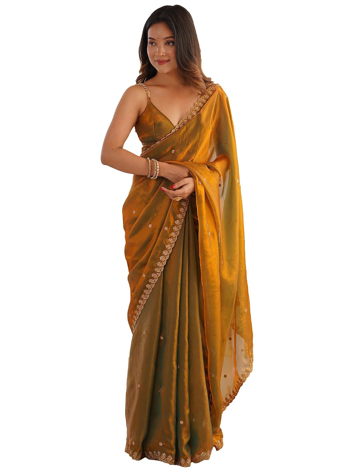 Copper Tissue Floral Saree - Gold