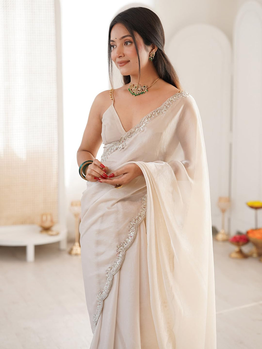 White Satin Solid Saree