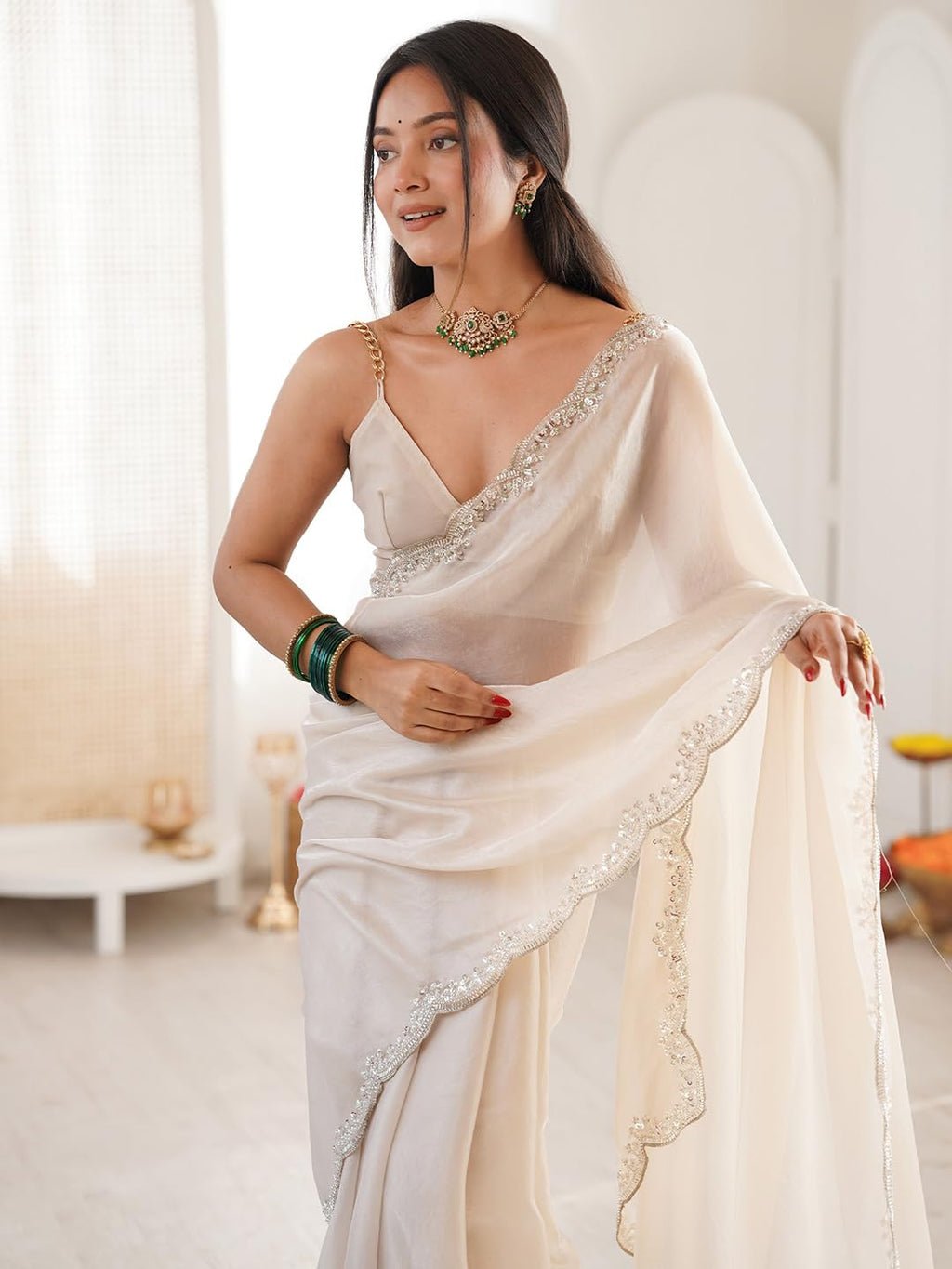 White Satin Solid Saree