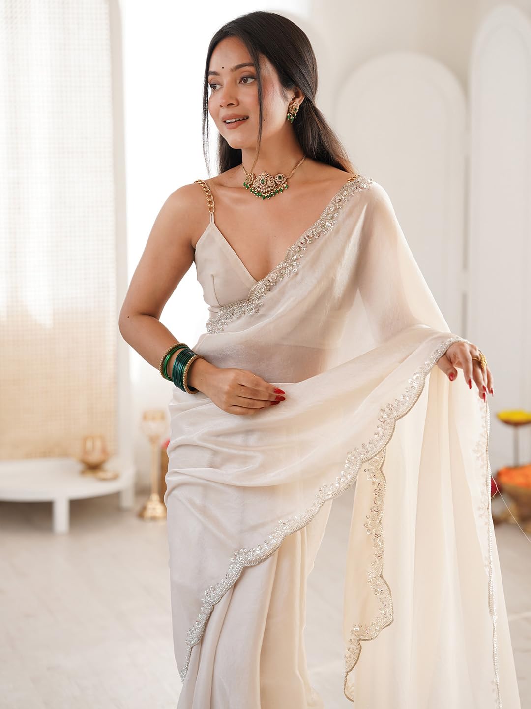 White Satin Solid Saree
