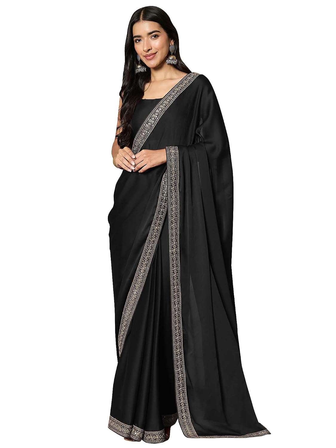 Black Satin Solid Saree - Black