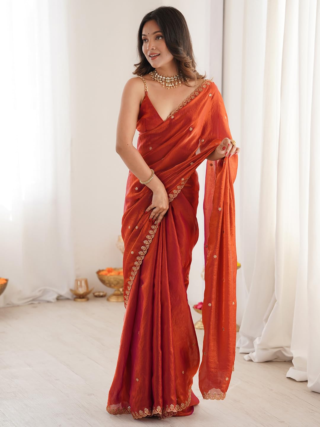 Copper Tissue Floral Saree
