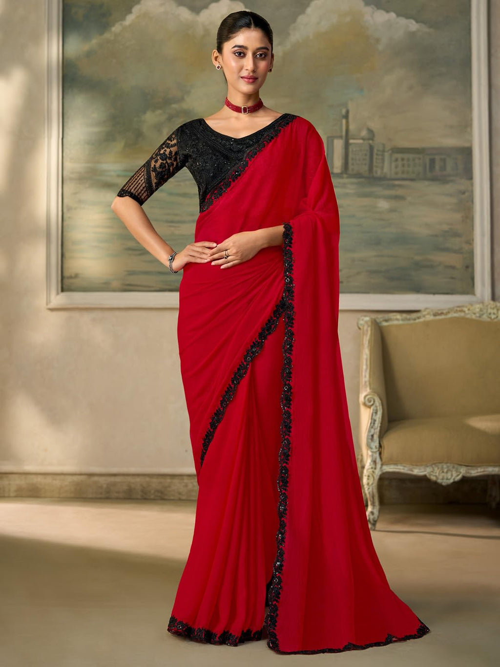 Red Chiffon Ombre Saree