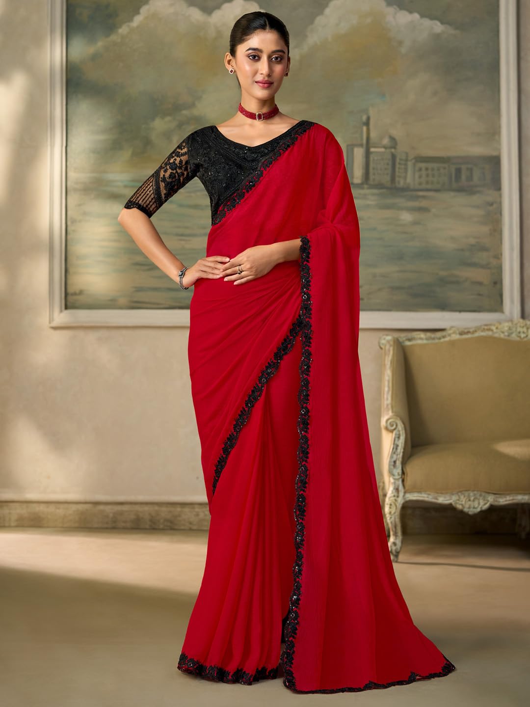 Red Chiffon Ombre Saree