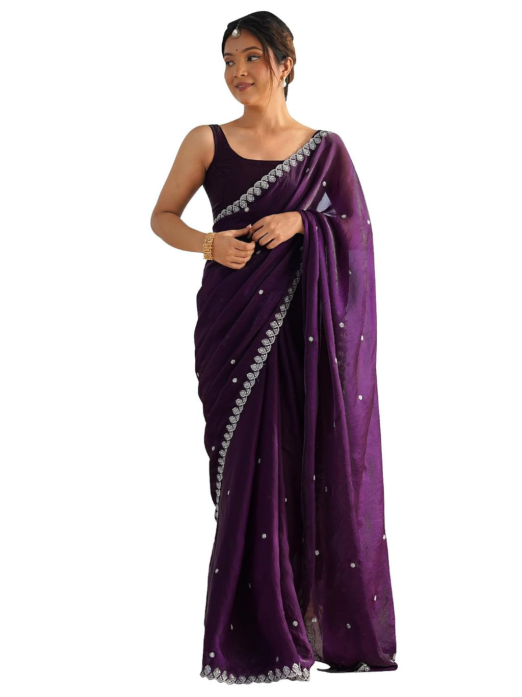 Copper Tissue Floral Saree - Magenta