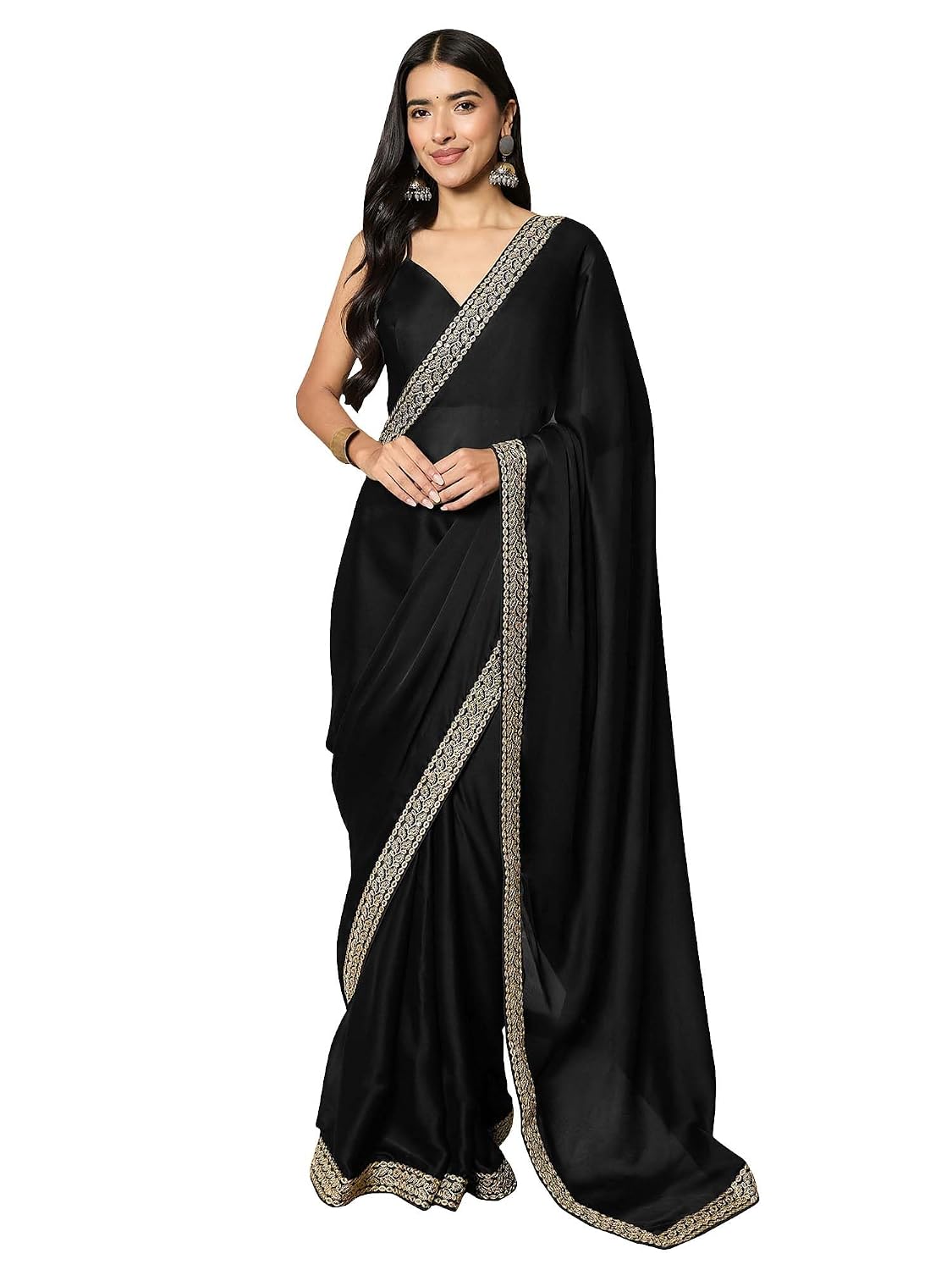 Black Satin Solid Saree