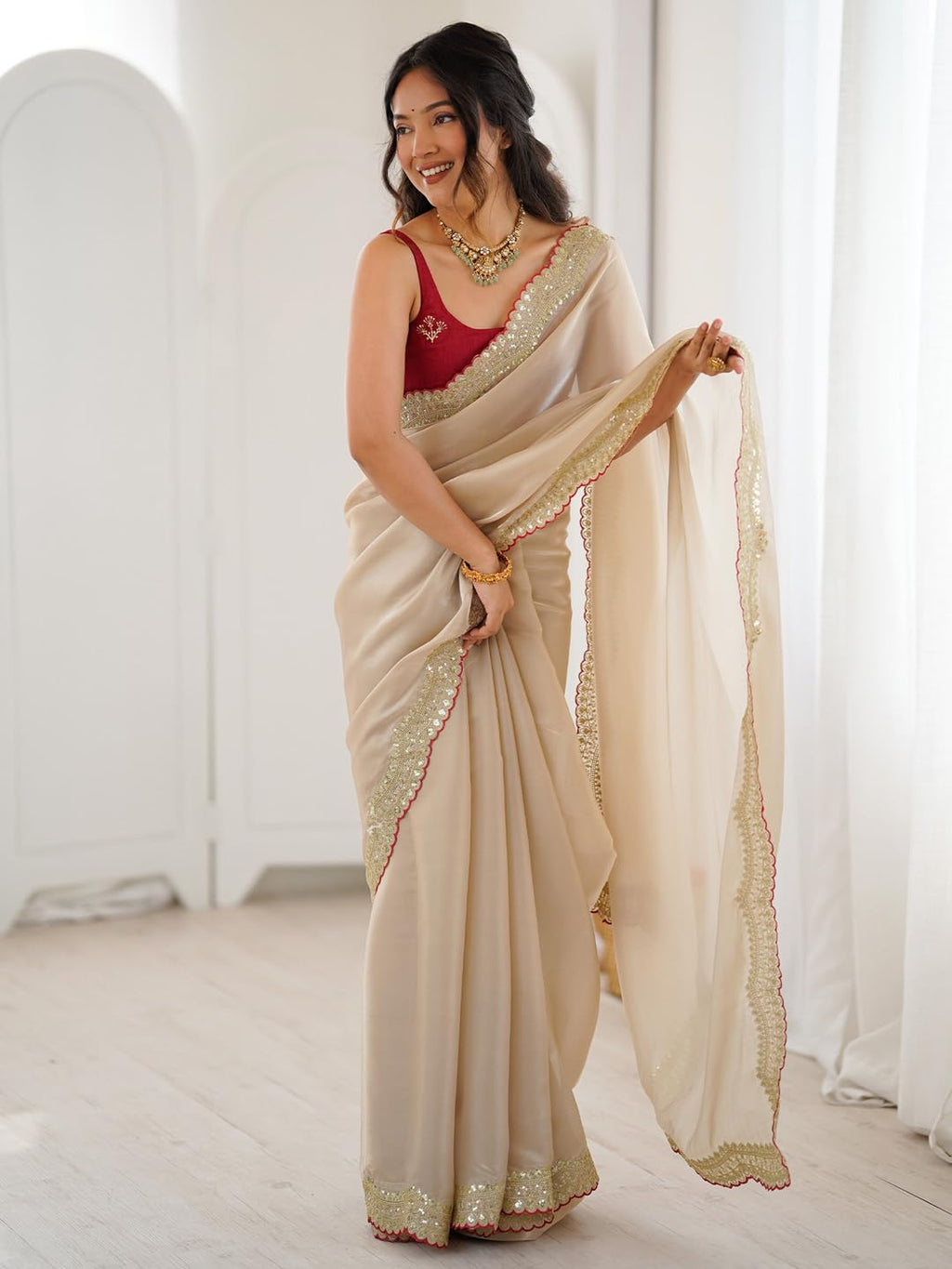 Beige Satin Floral Saree