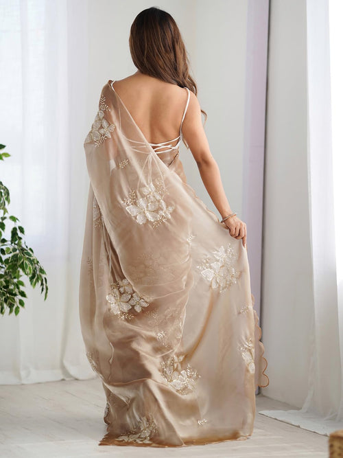 Beige Silk Checkered Saree