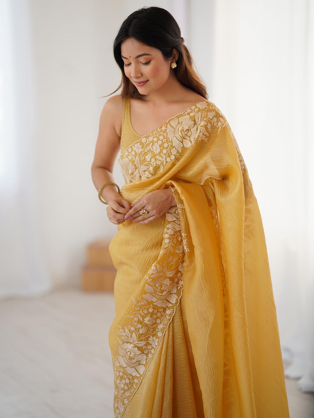 Mustard Tissue Floral Saree