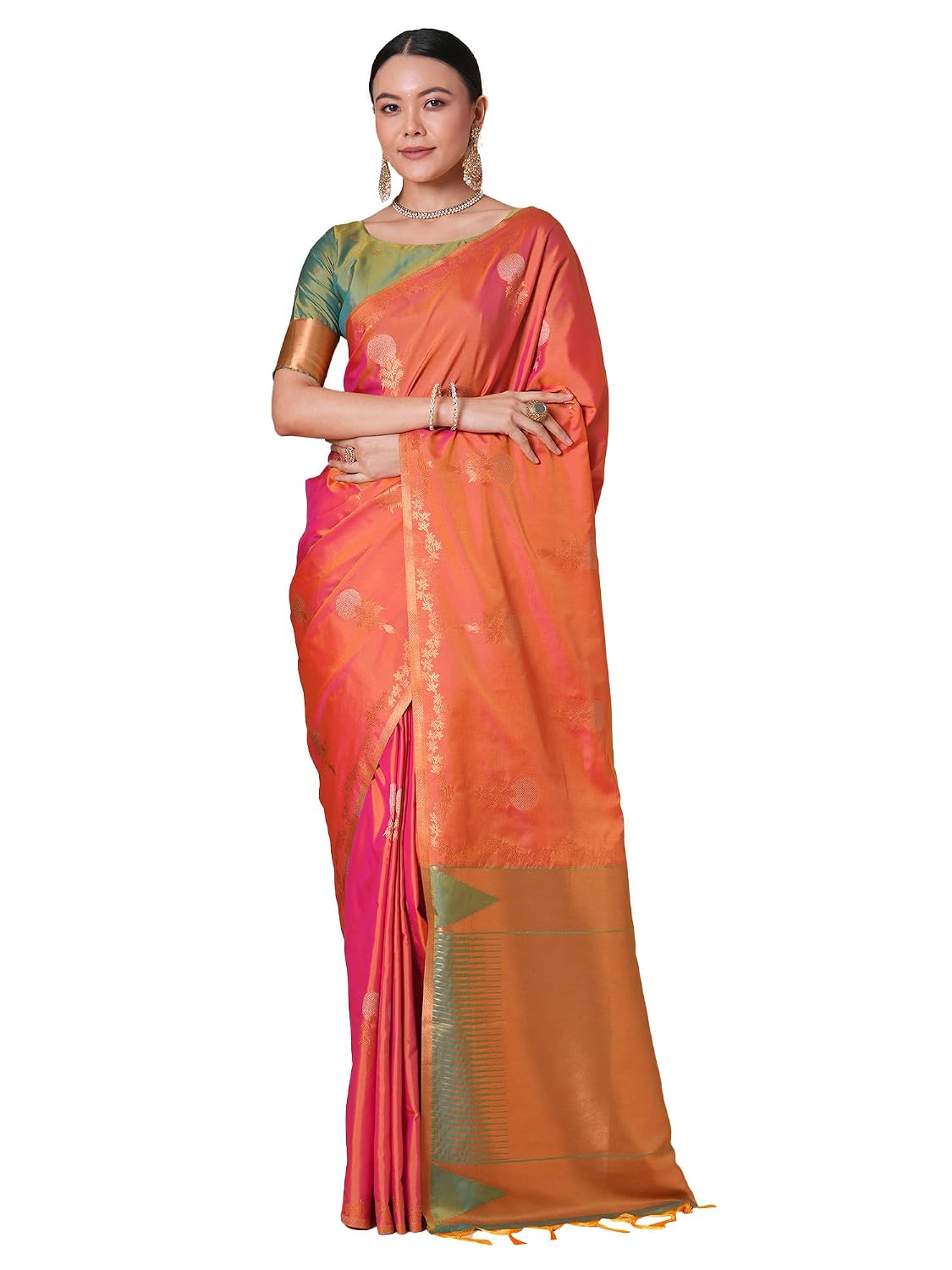 Light Green Silk Paisley Saree - Orange