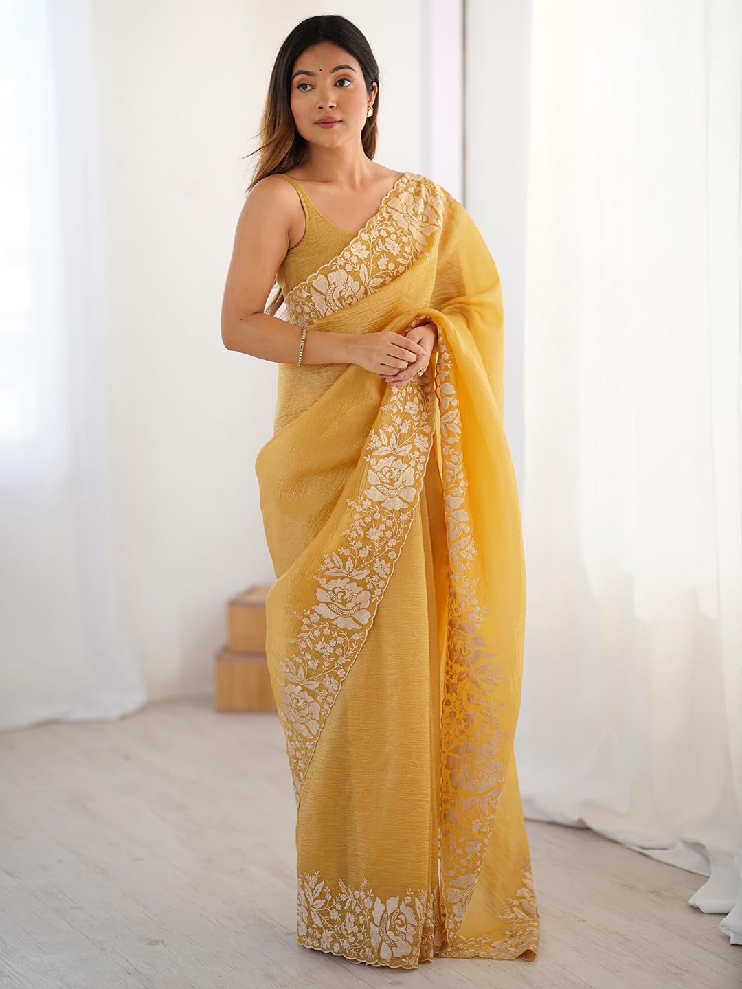 Mustard Tissue Floral Saree