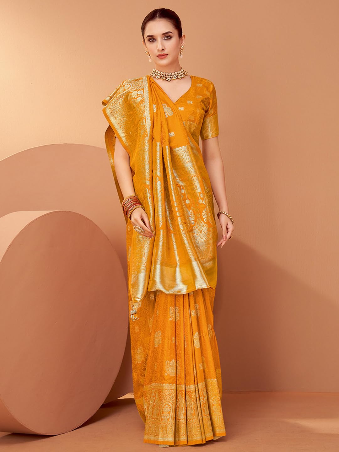 Mustard Satin Floral Saree