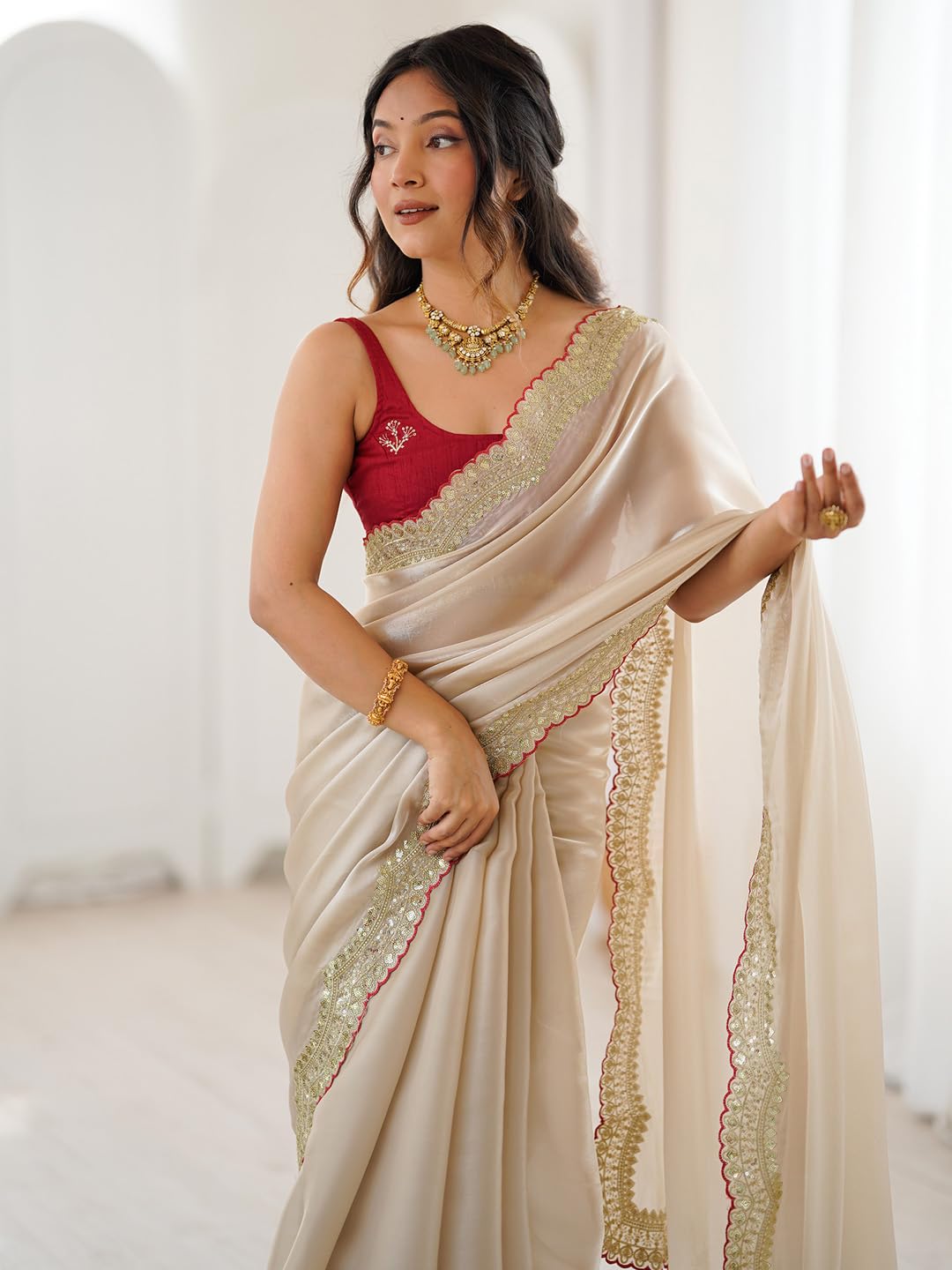 Beige Satin Floral Saree