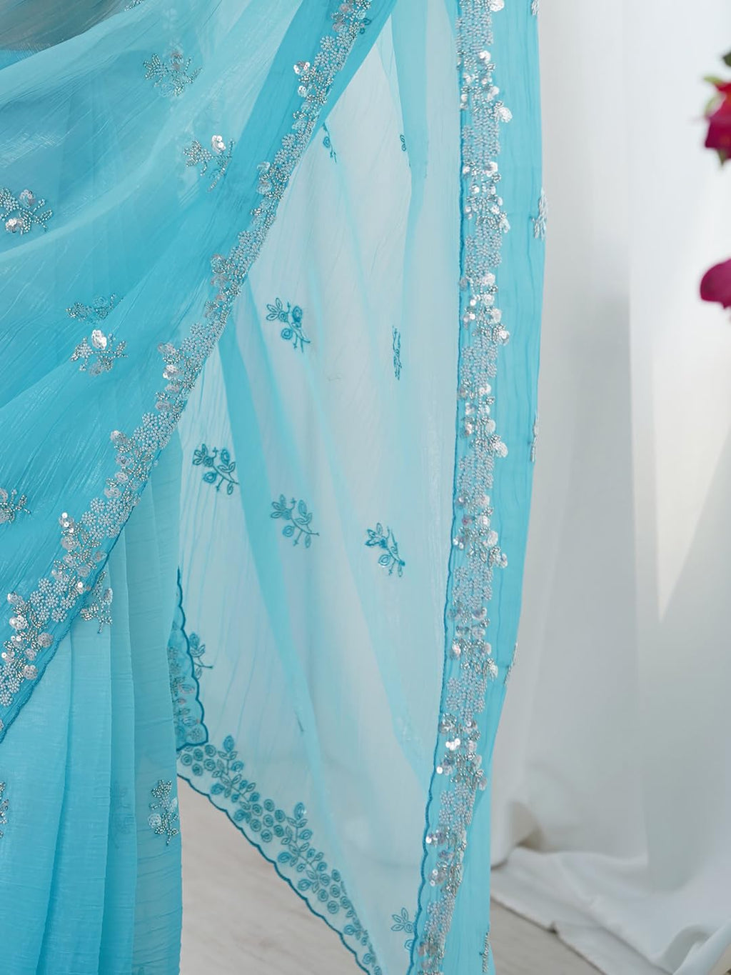 Light Blue Chiffon Floral Saree
