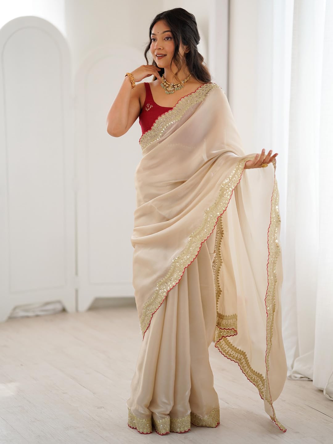 Beige Satin Floral Saree
