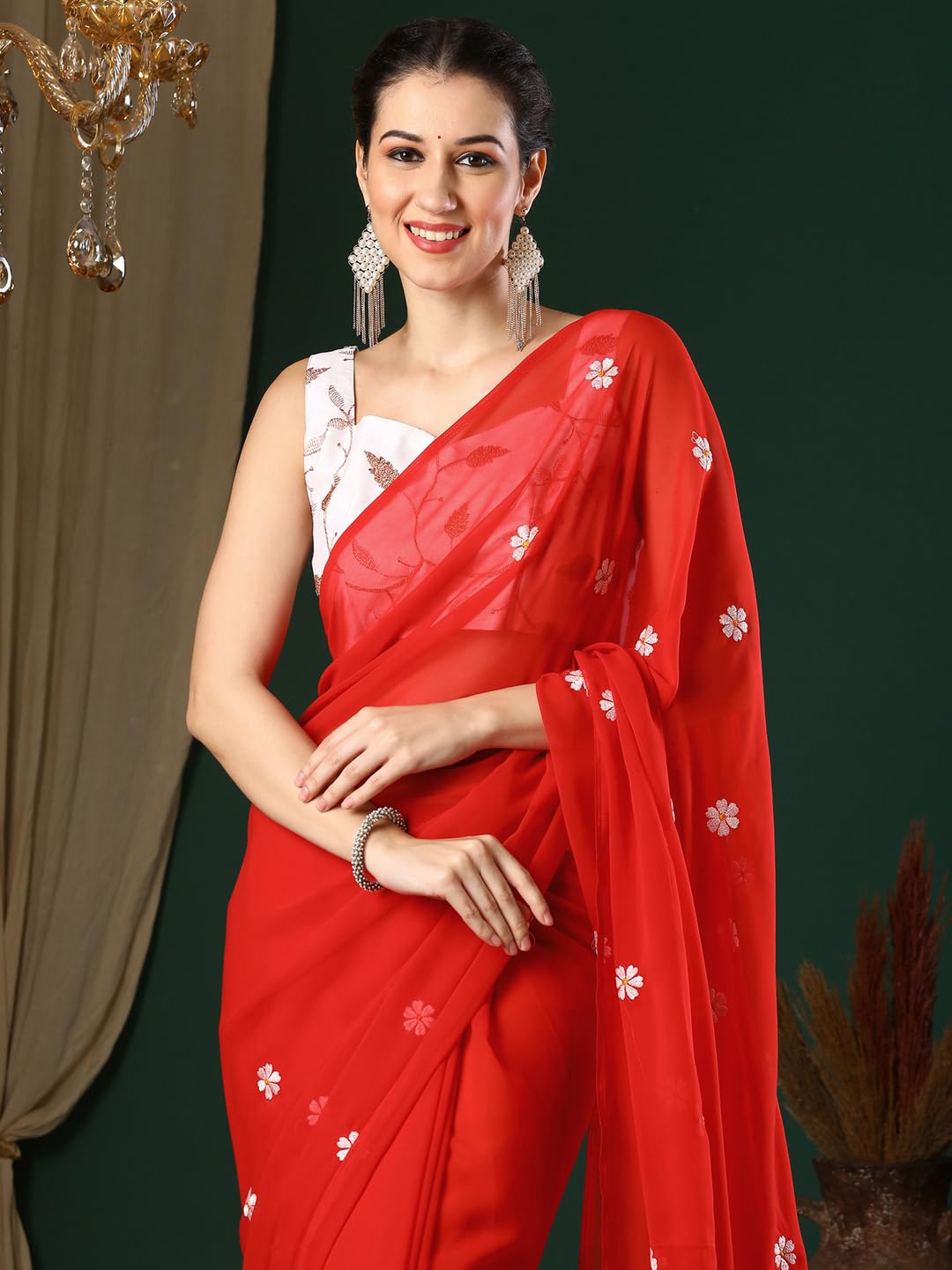 Red Georgette Embroidered Saree
