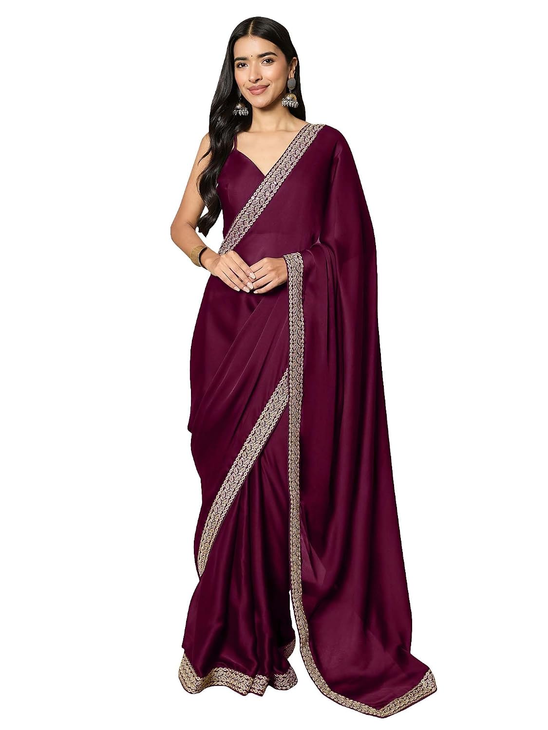 Black Satin Solid Saree - Magenta