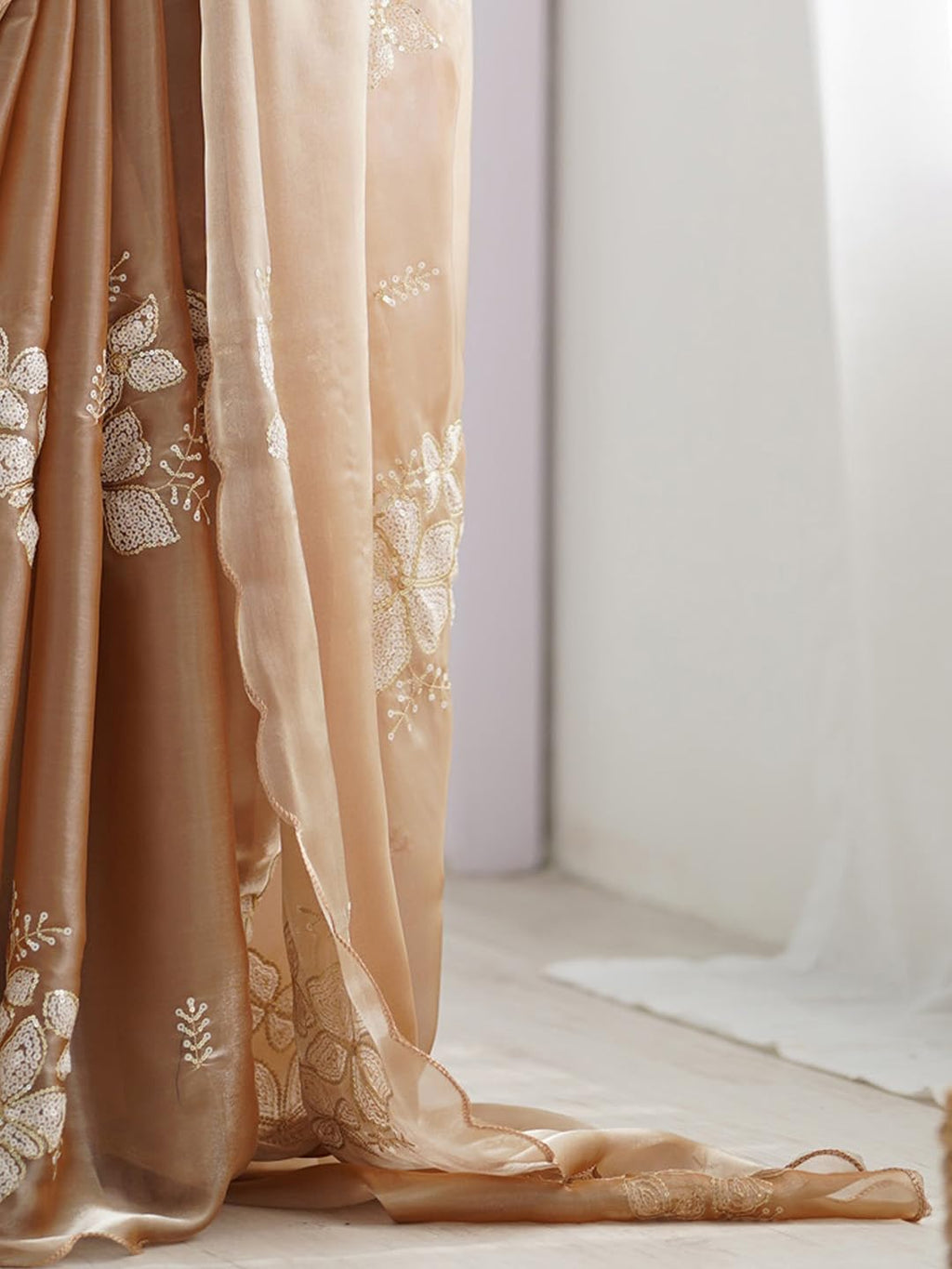 Beige Silk Checkered Saree