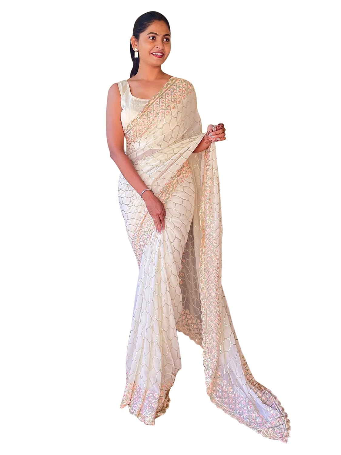 Off White Georgette Embellished Saree