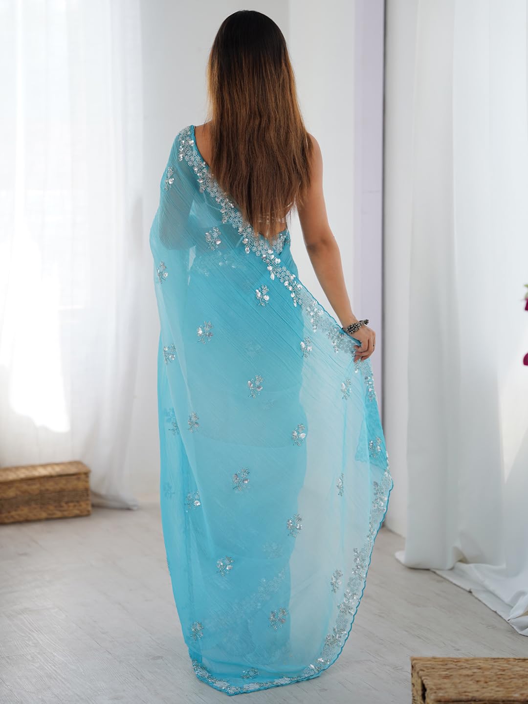 Light Blue Chiffon Floral Saree