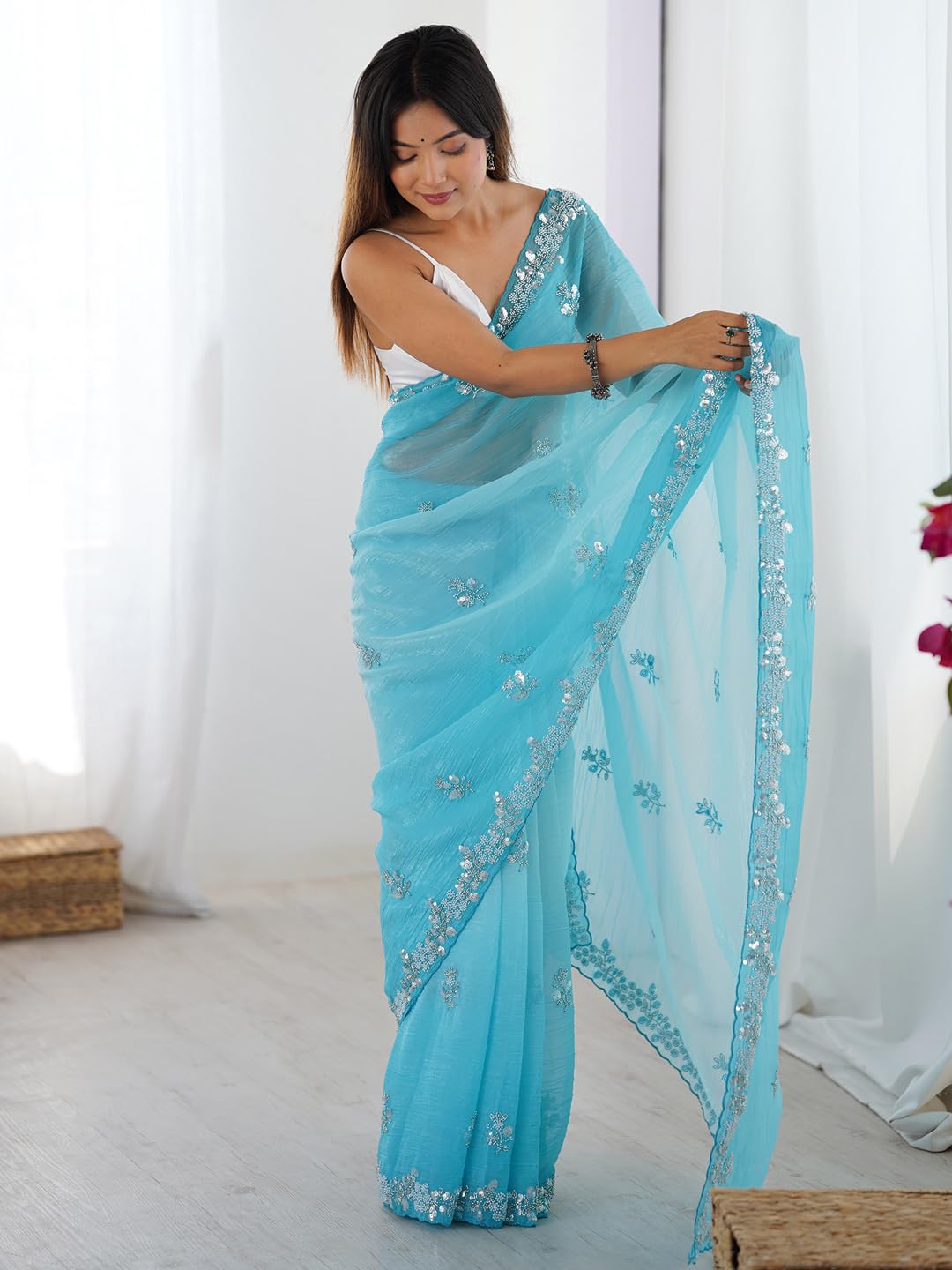 Light Blue Chiffon Floral Saree
