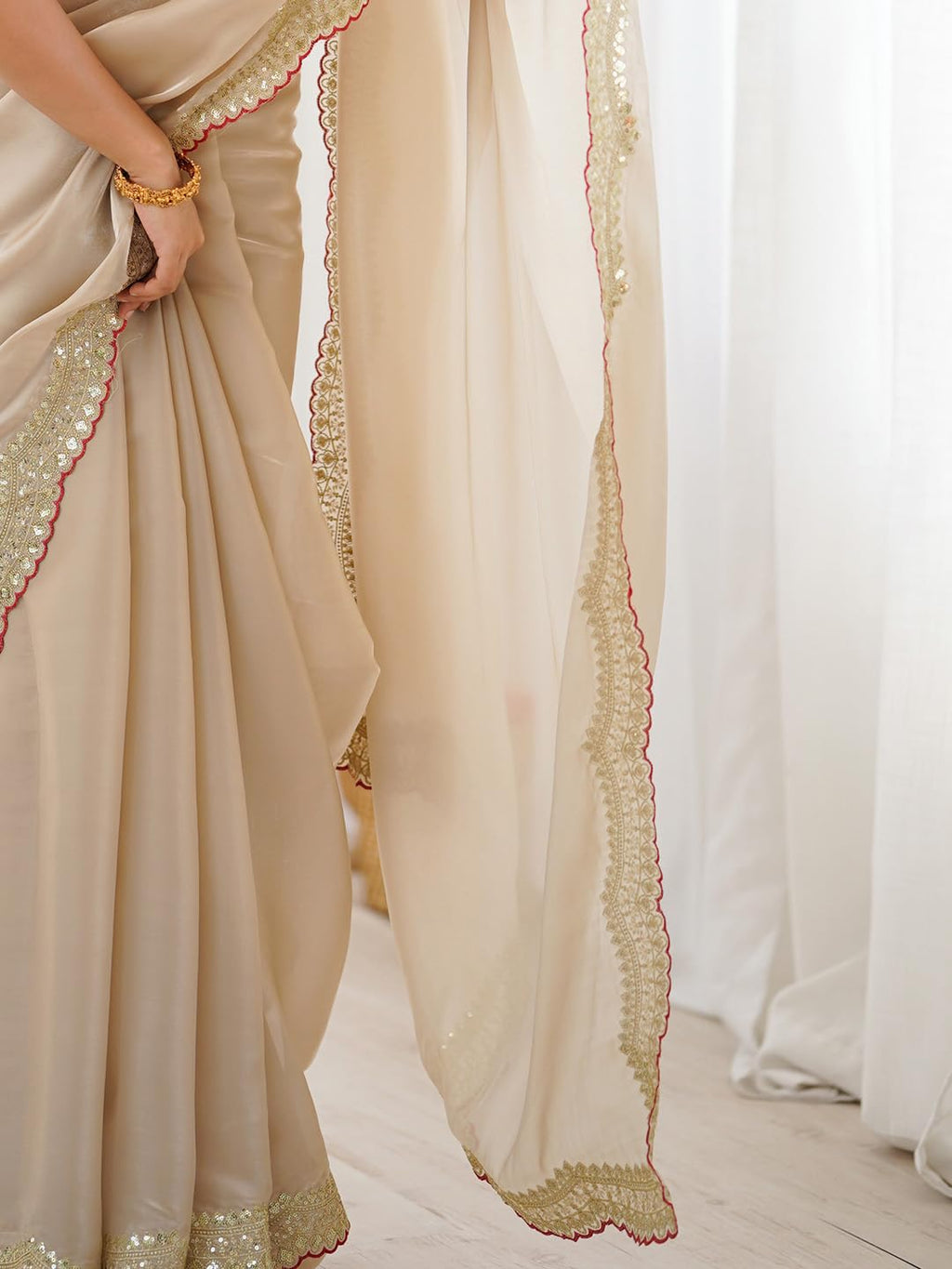 Beige Satin Floral Saree