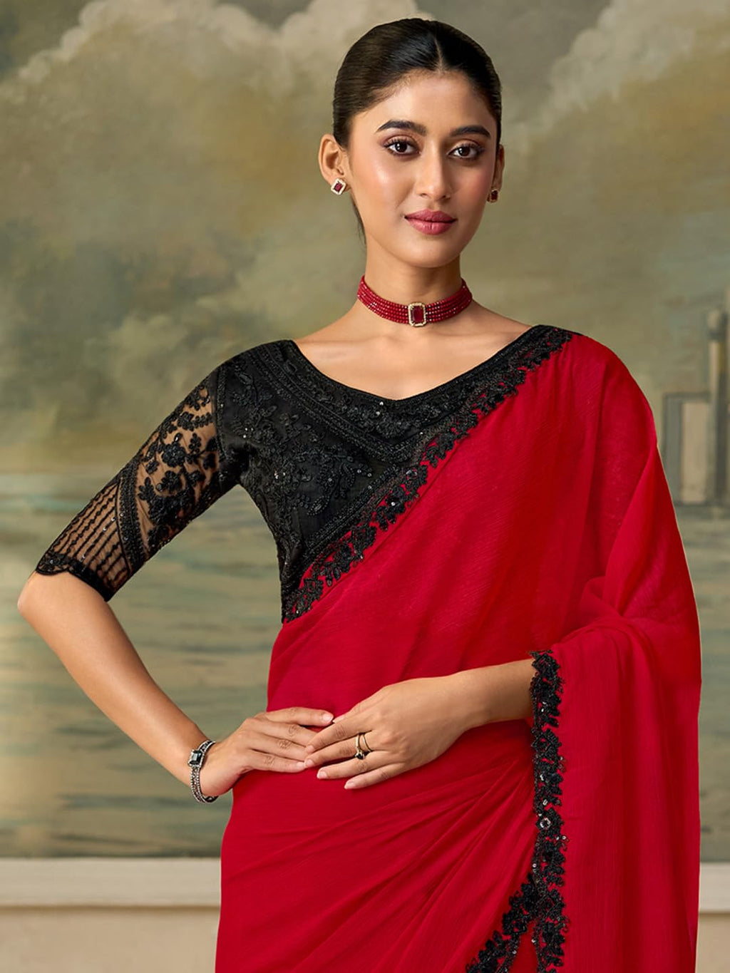 Red Chiffon Ombre Saree
