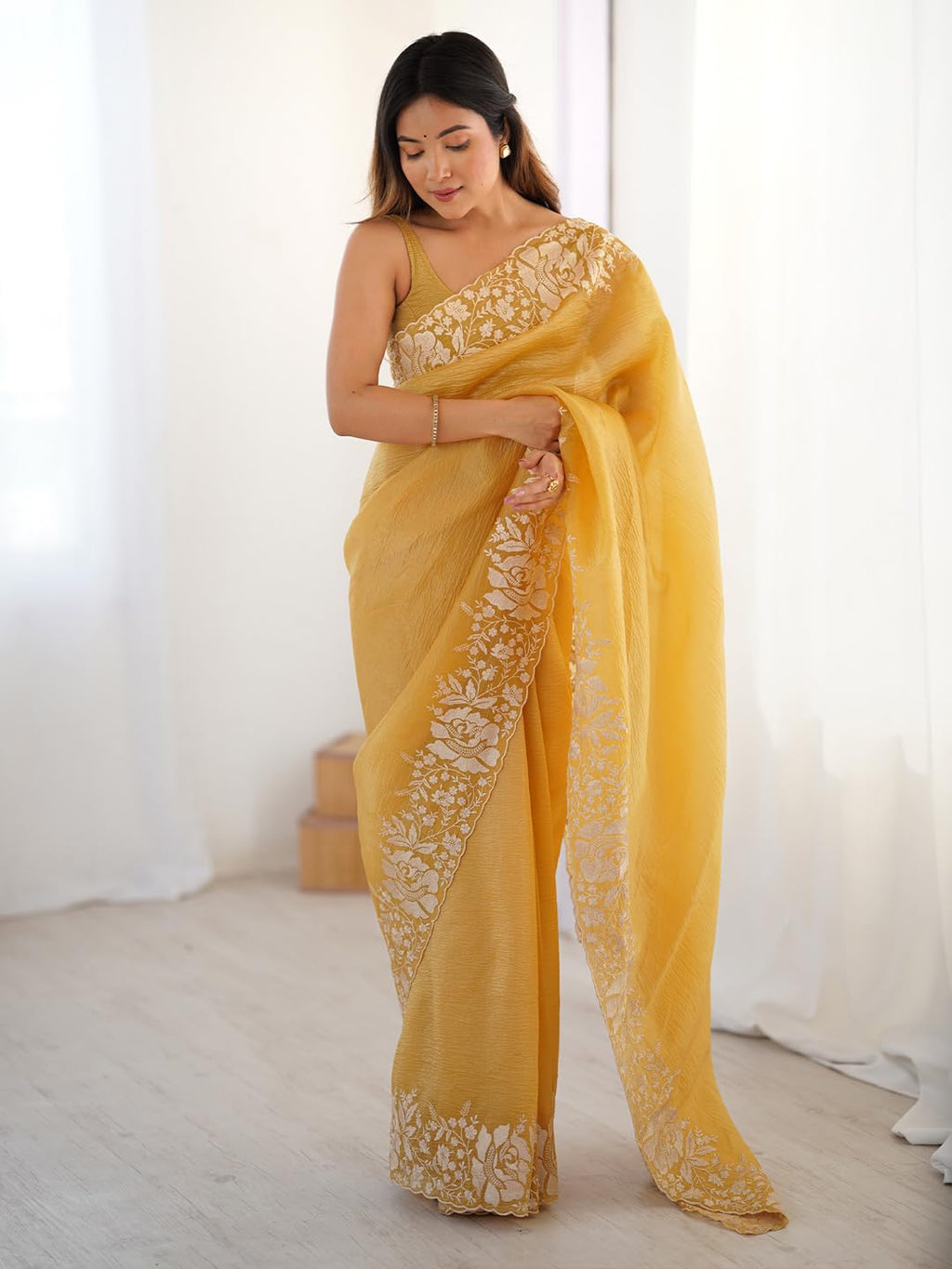 Mustard Tissue Floral Saree