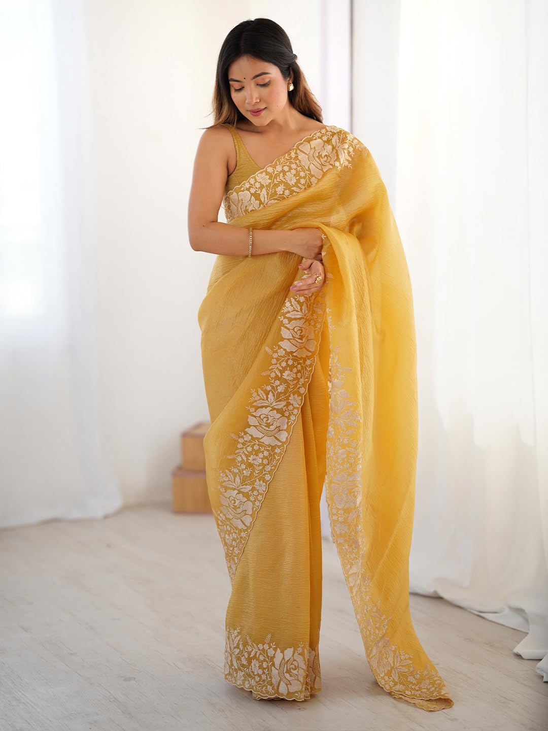 Mustard Tissue Floral Saree