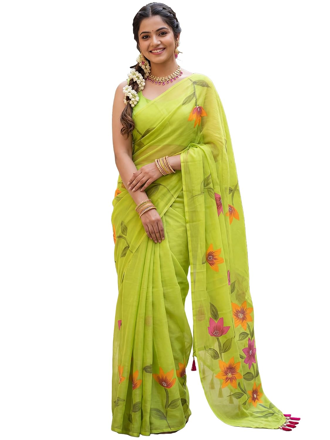 White Chiffon Floral Saree - Light Green 2