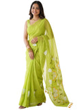White Chiffon Floral Saree - Light Green