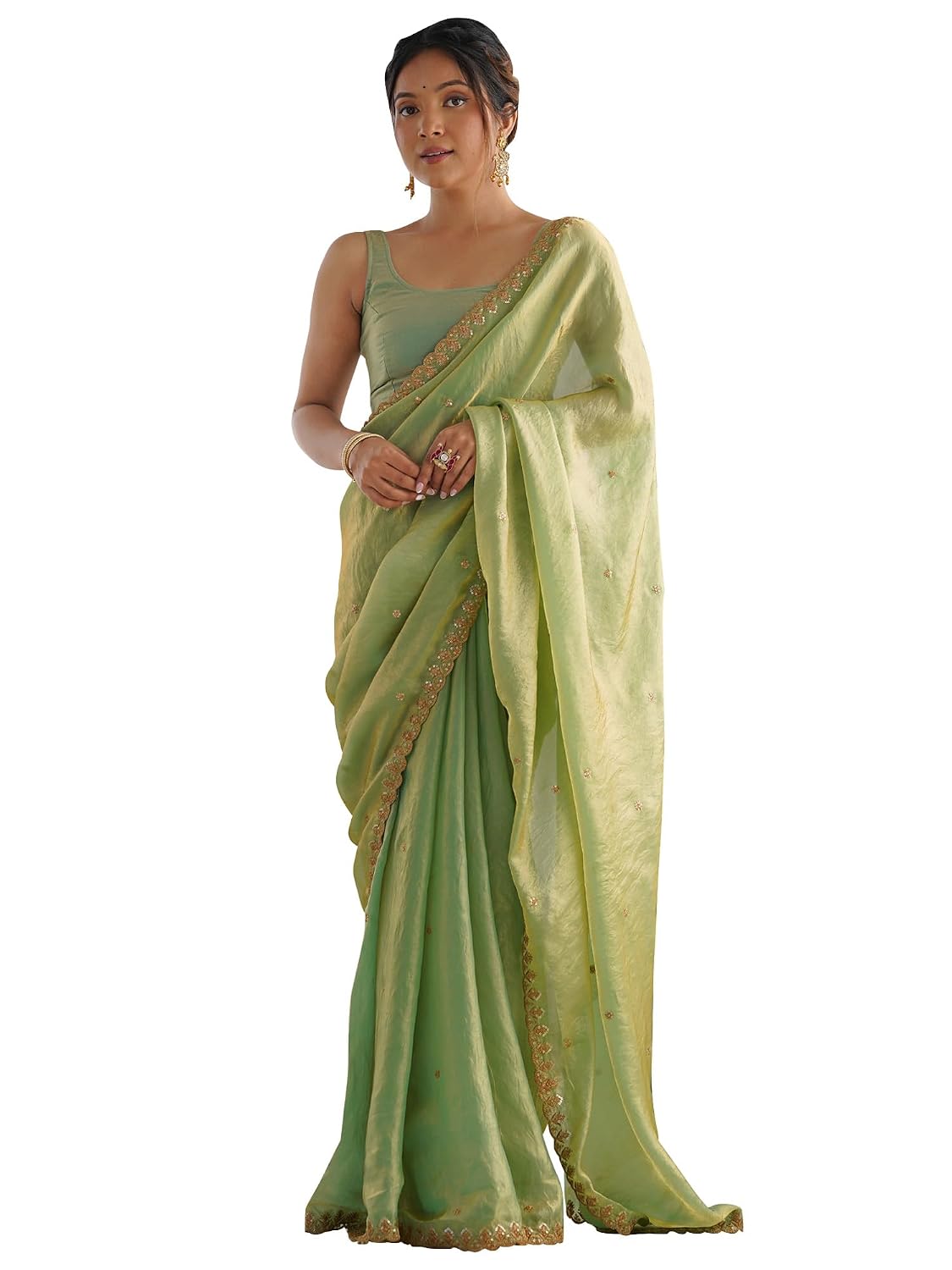 Copper Tissue Floral Saree - Light Green