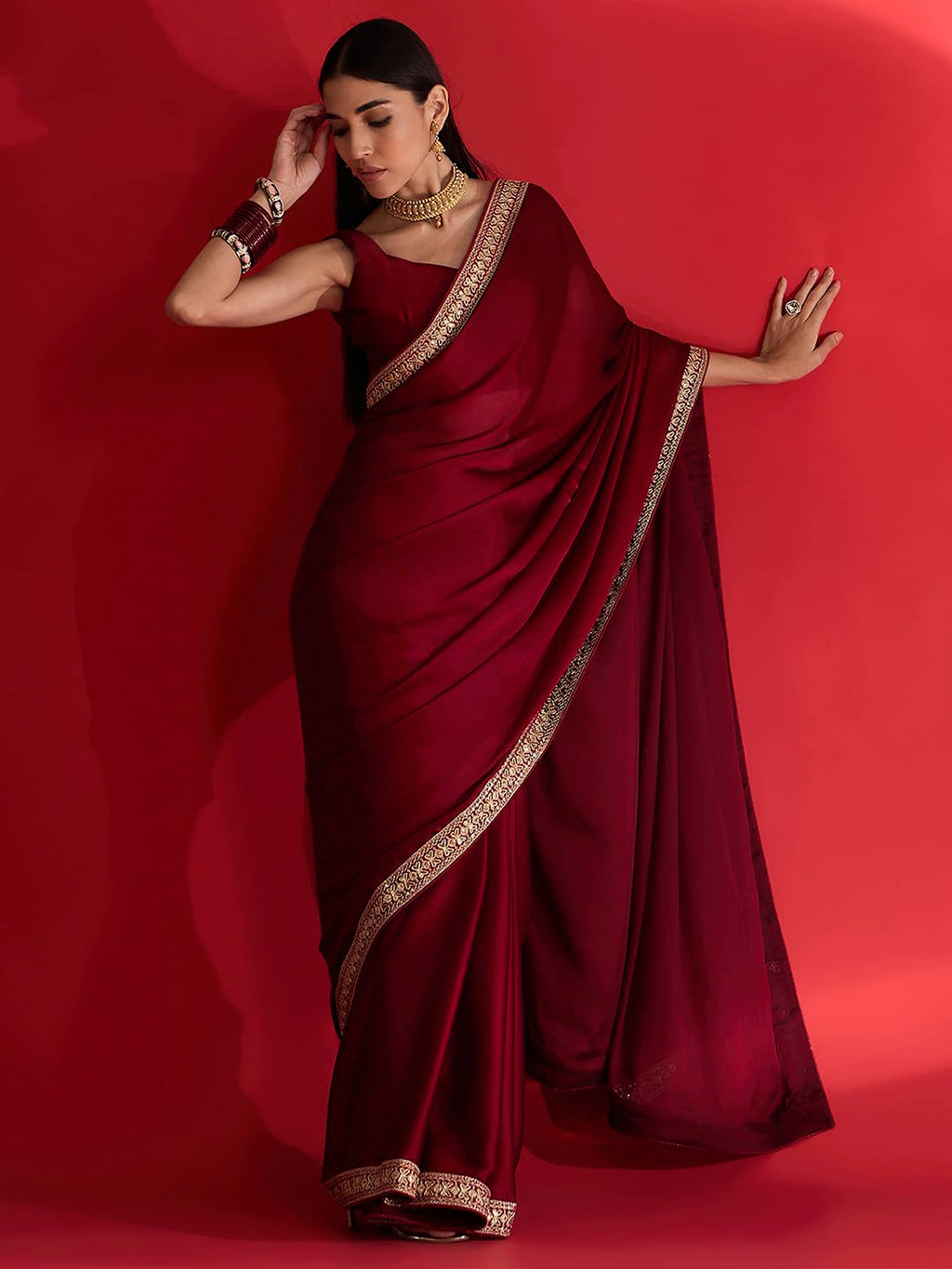 Maroon Silk Geometric Saree
