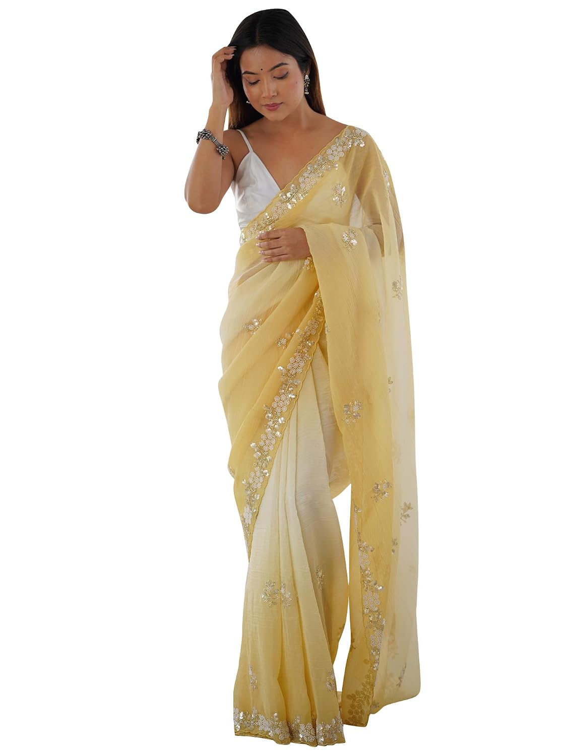 Light Blue Chiffon Floral Saree - Yellow 2
