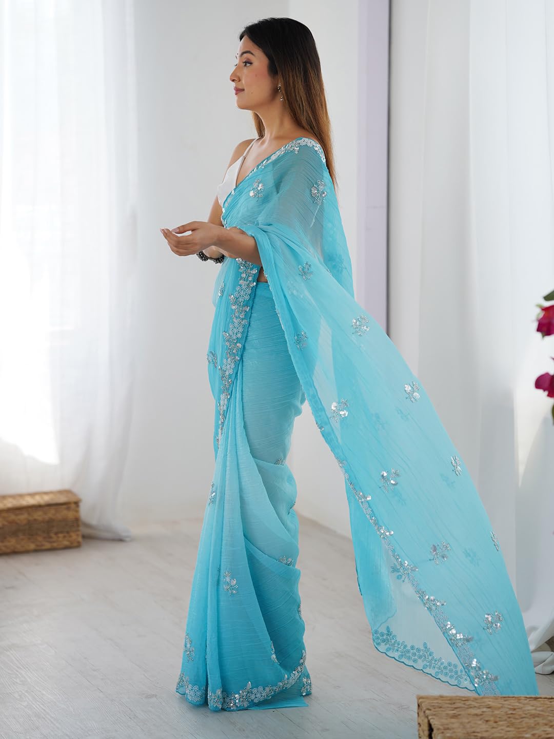 Light Blue Chiffon Floral Saree