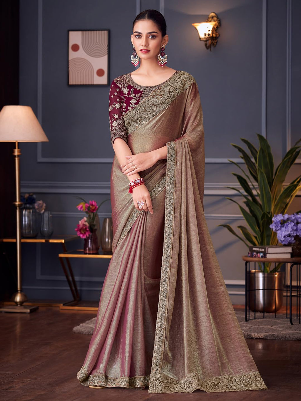 Burgundy Silk Polka Dots Saree