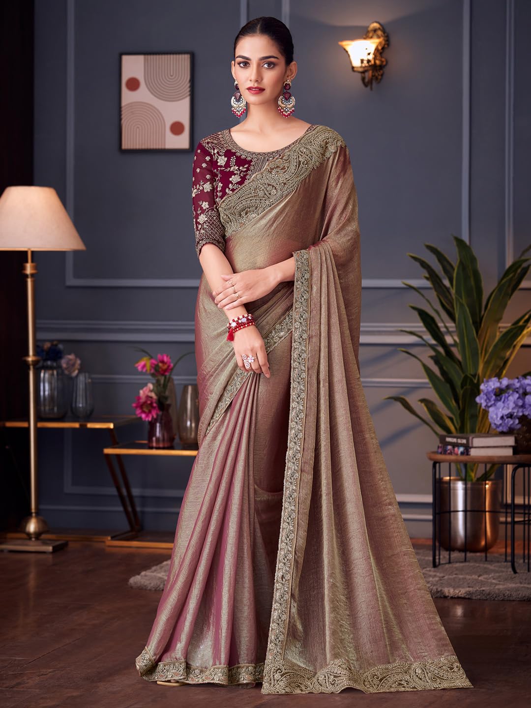 Burgundy Silk Polka Dots Saree
