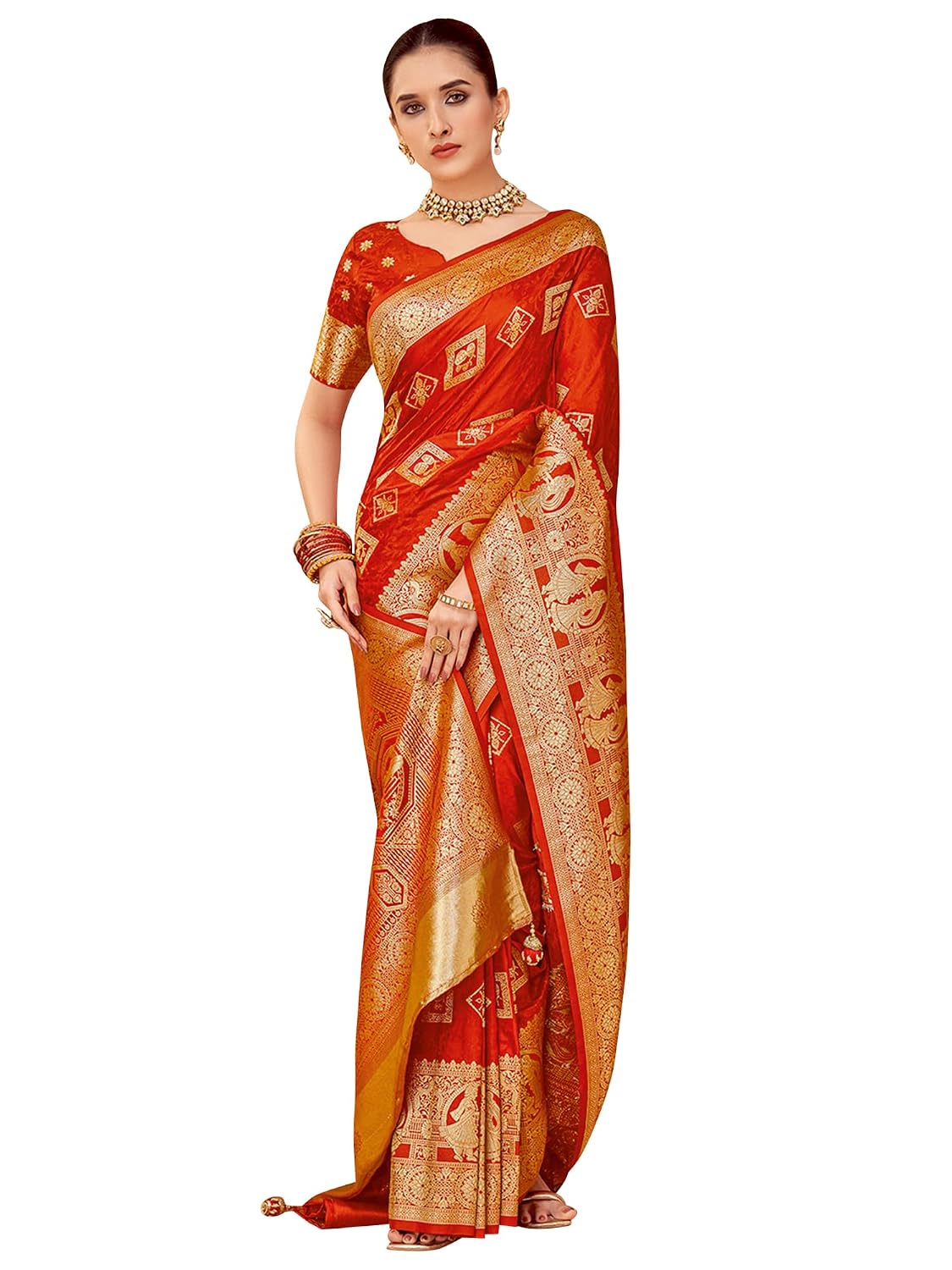 Mustard Satin Floral Saree - Orange