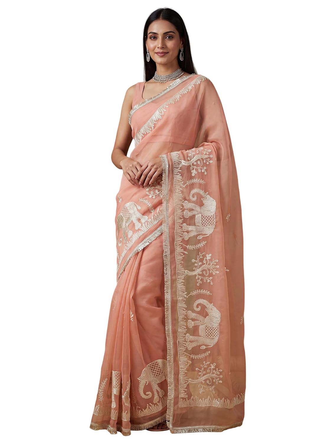 Yellow Georgette Striped Saree - Peach