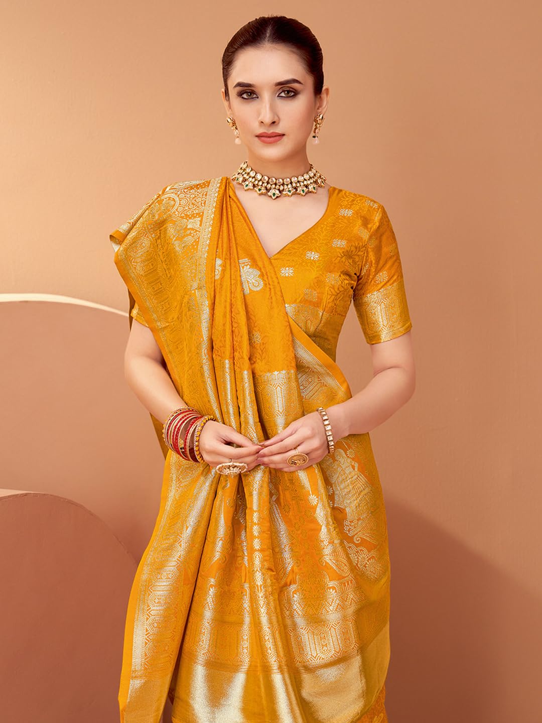 Mustard Satin Floral Saree