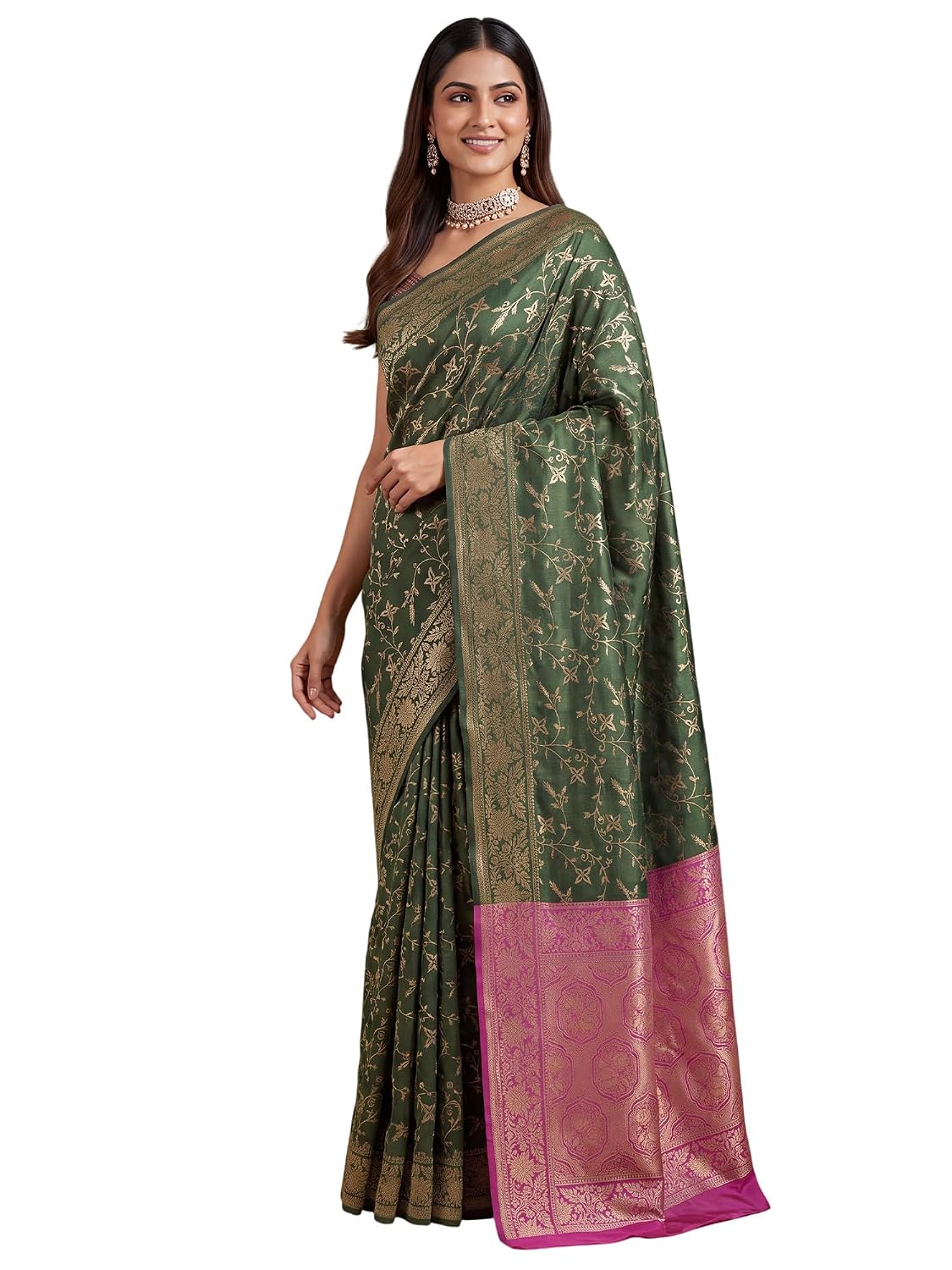 Red 2 Silk Blend Floral Saree - Green
