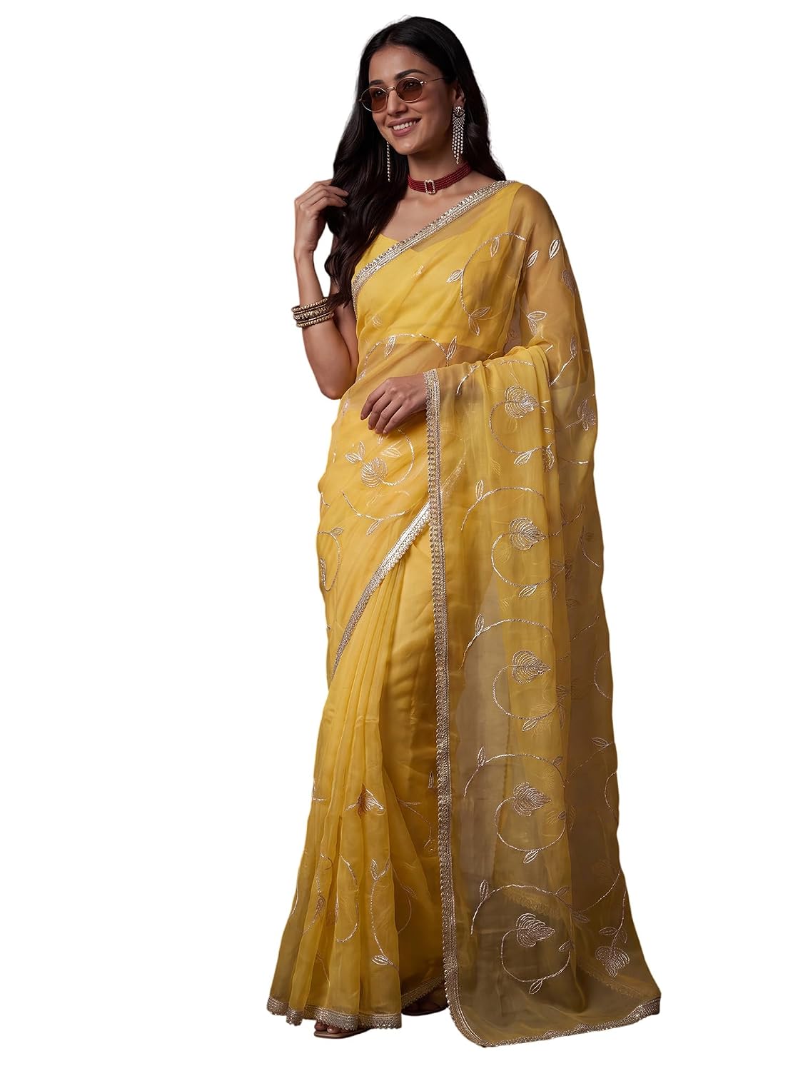 Light Blue Georgette Striped Saree - Yellow