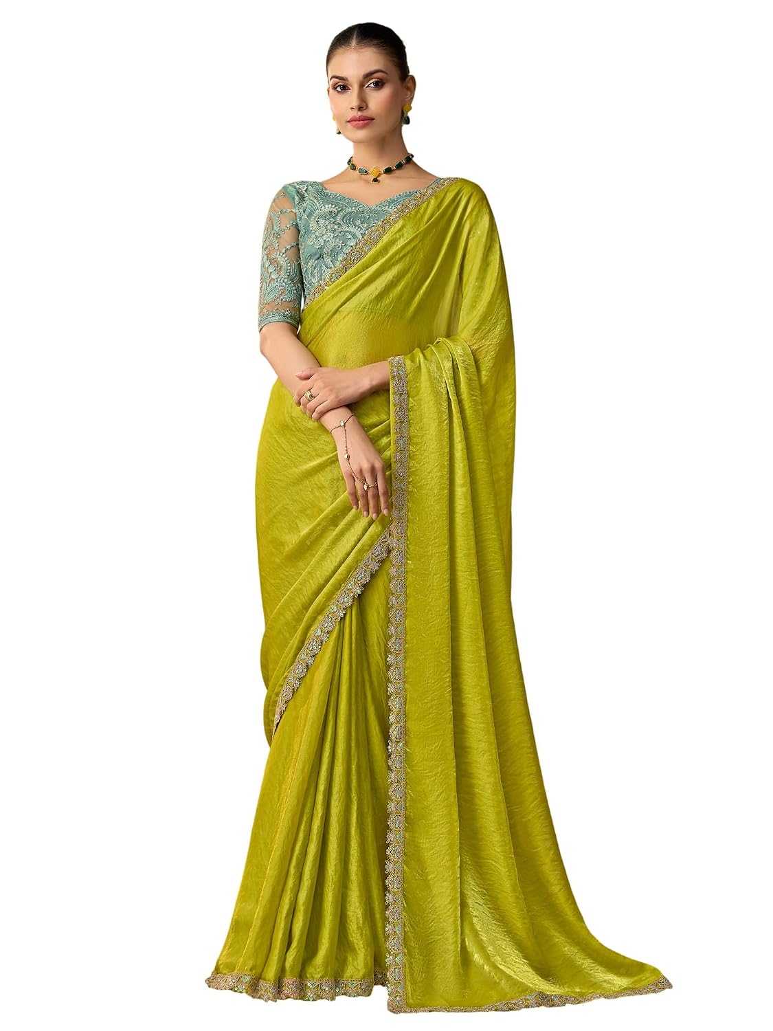 Red Chiffon Ombre Saree - Lime Green